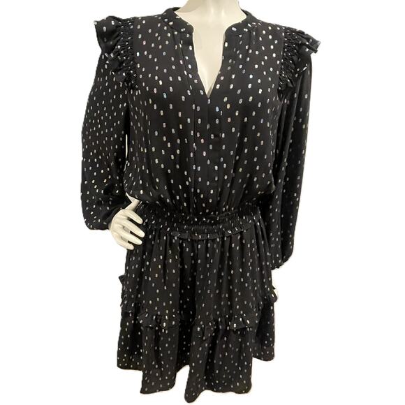 Anthropologie Current Air Black Iridescent Dot Ruffled Mini Dress Size XS - Picture 2 of 16